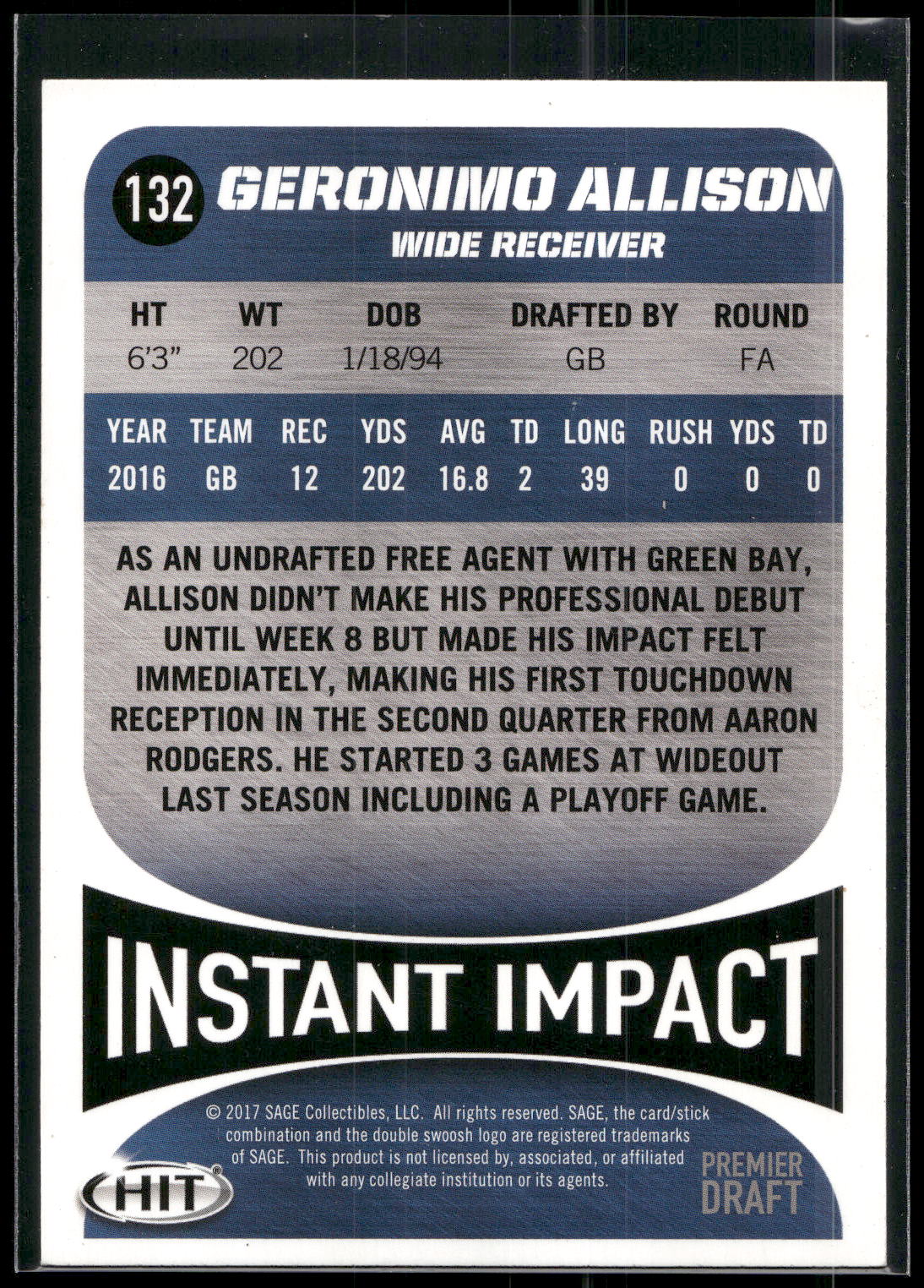 2017 SAGE HIT #132 Geronimo Allison Blue