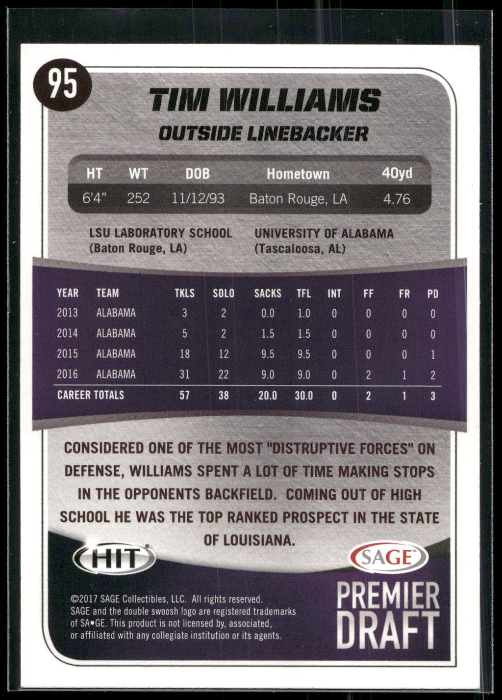 2017 SAGE HIT #95 Tim Williams Blue