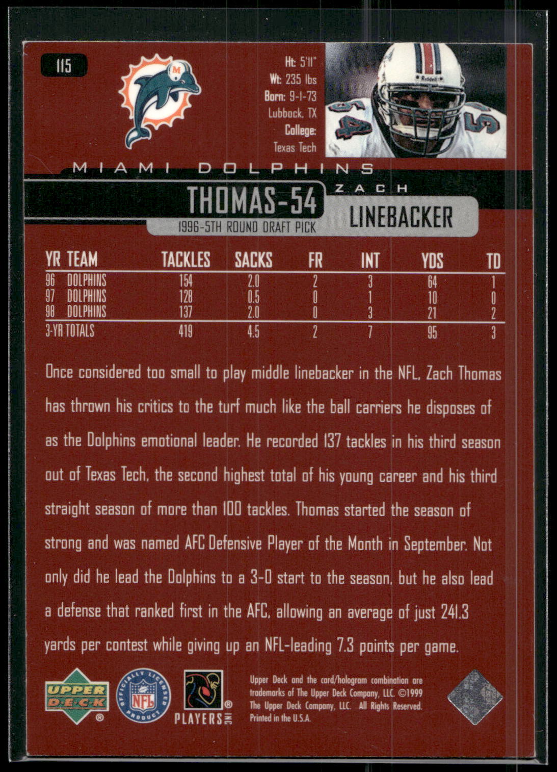 1999 Upper Deck #115 Zach Thomas