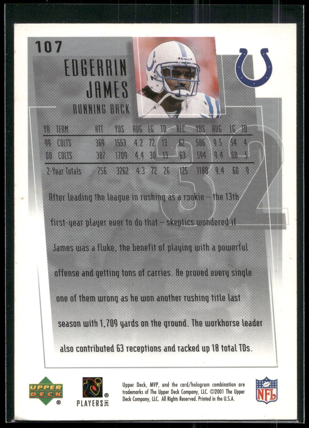 2001 Upper Deck MVP #107 Edgerrin James