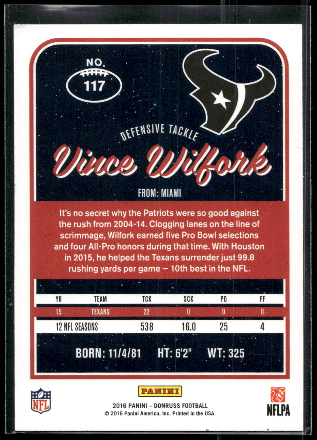 2016 Donruss #117 Vince Wilfork