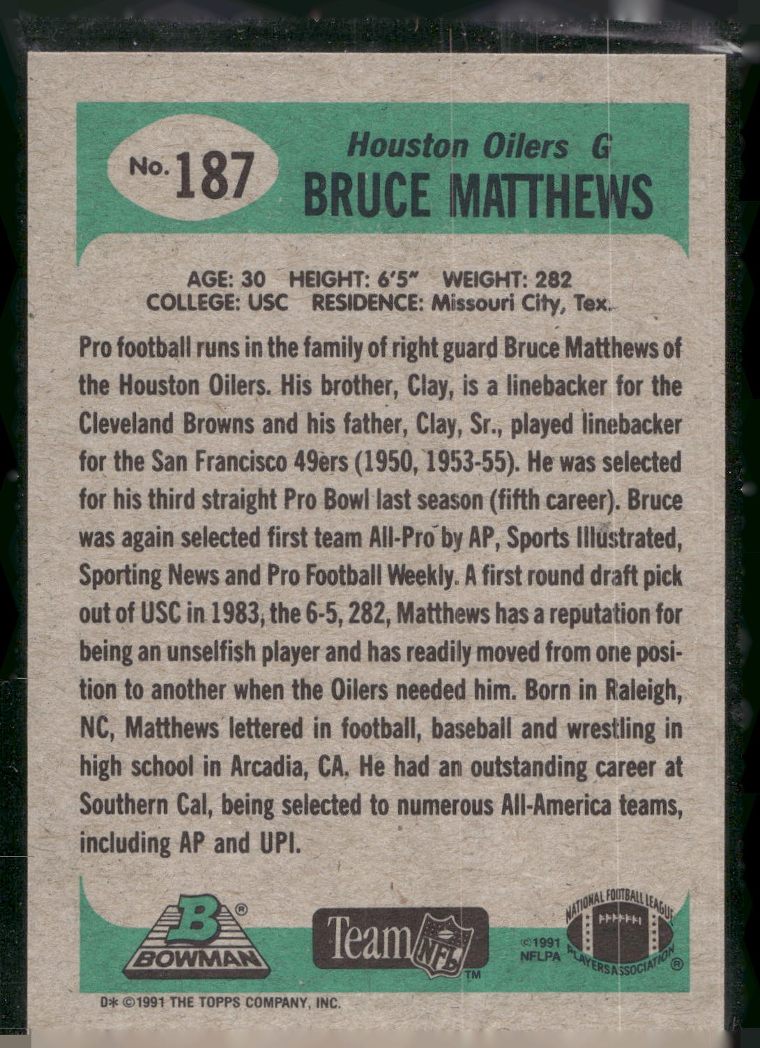 1991 Bowman #187 Bruce Matthews