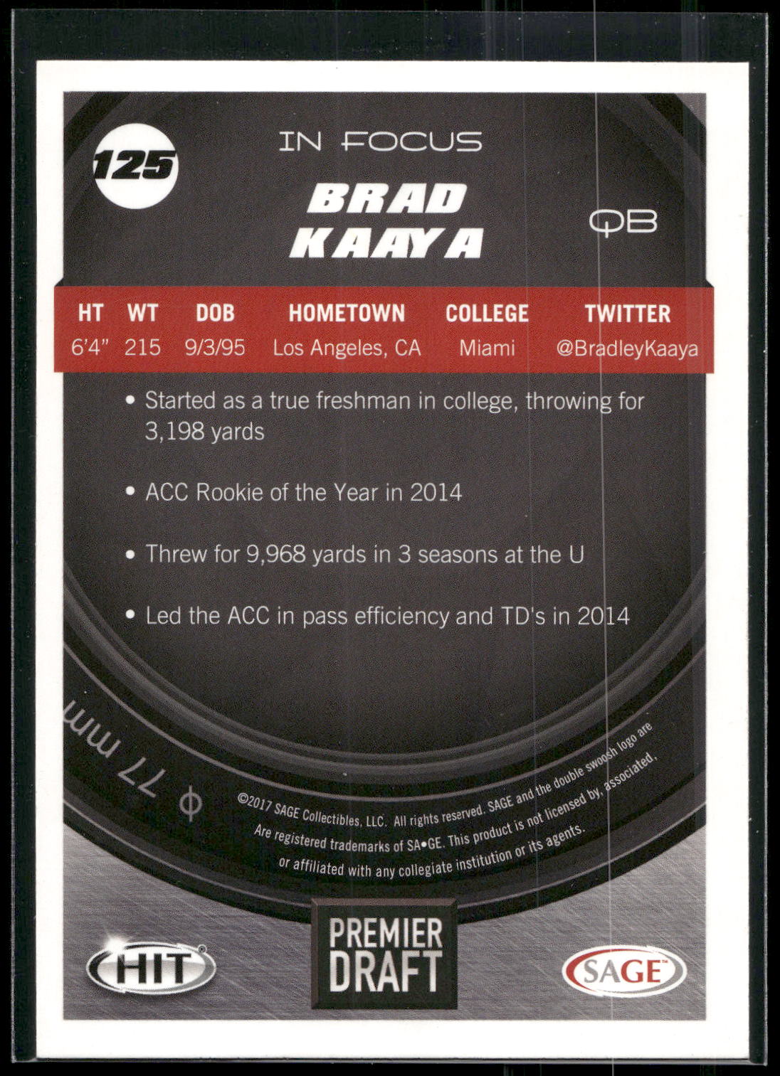 2017 SAGE HIT #125 Brad Kaaya Gold