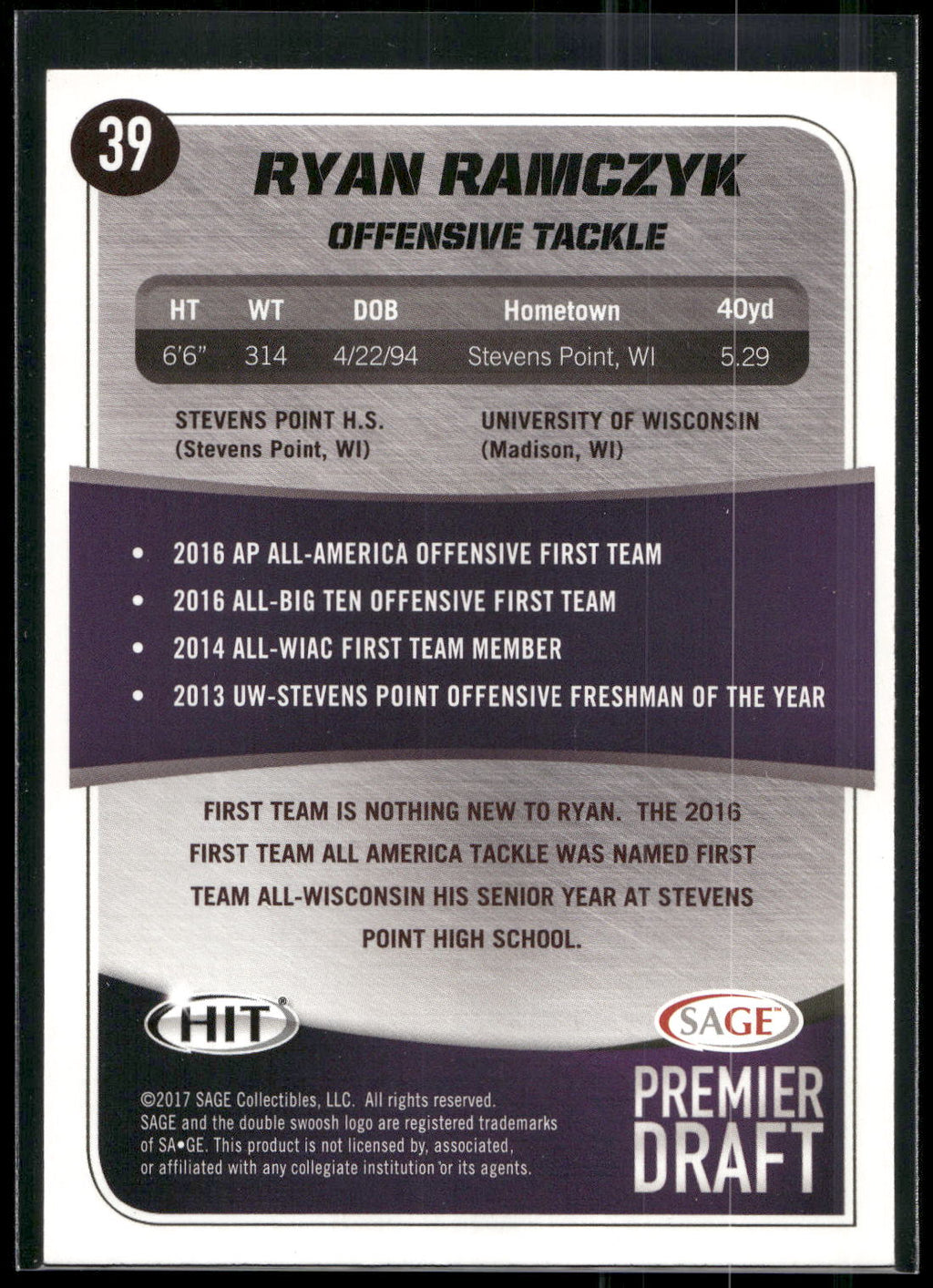 2017 SAGE HIT #39 Ryan Ramczyk