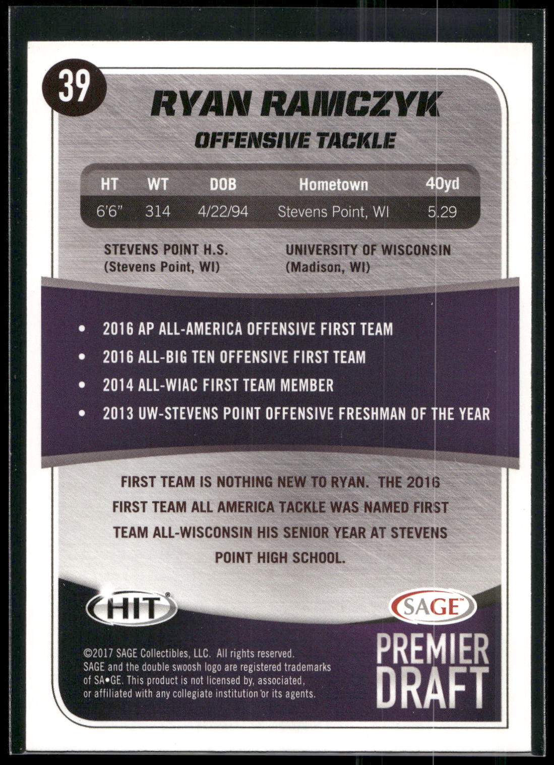 2017 SAGE HIT #39 Ryan Ramczyk