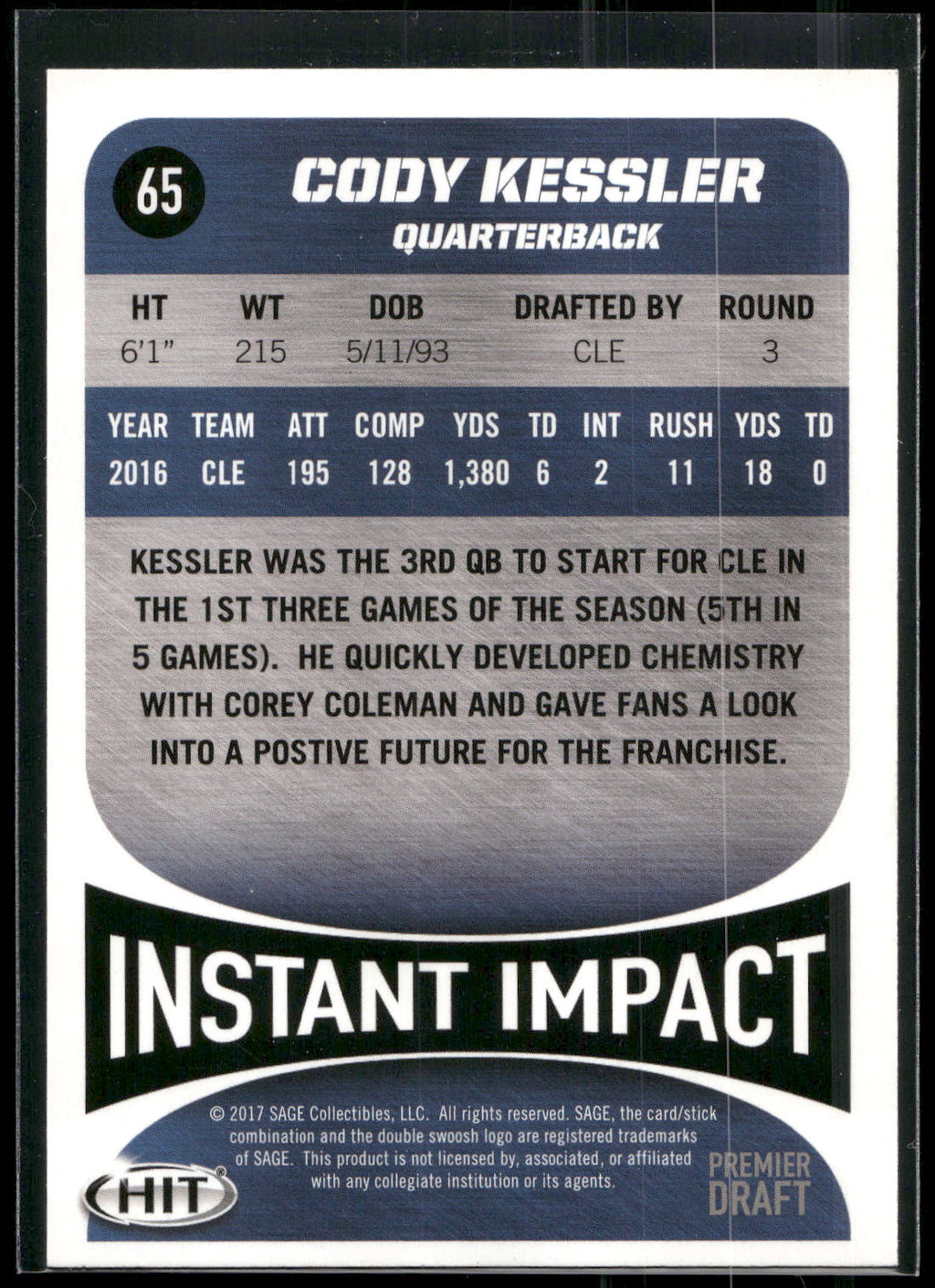 2017 SAGE HIT #65 Cody Kessler Gold