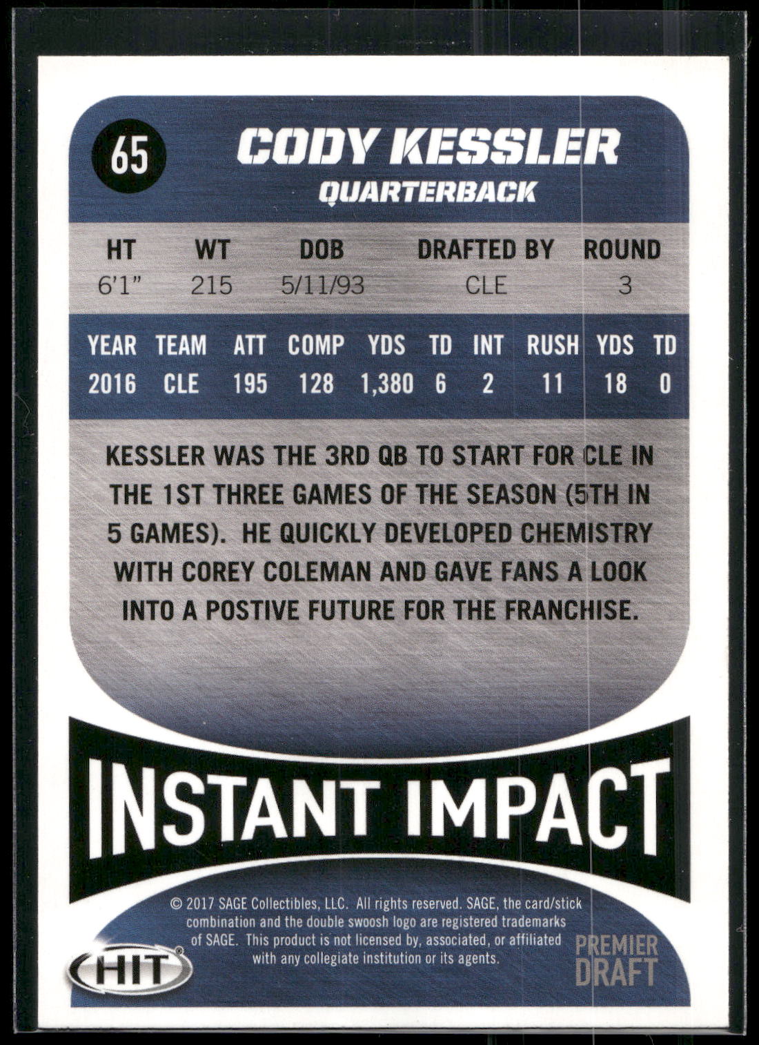 2017 SAGE HIT #65 Cody Kessler Gold