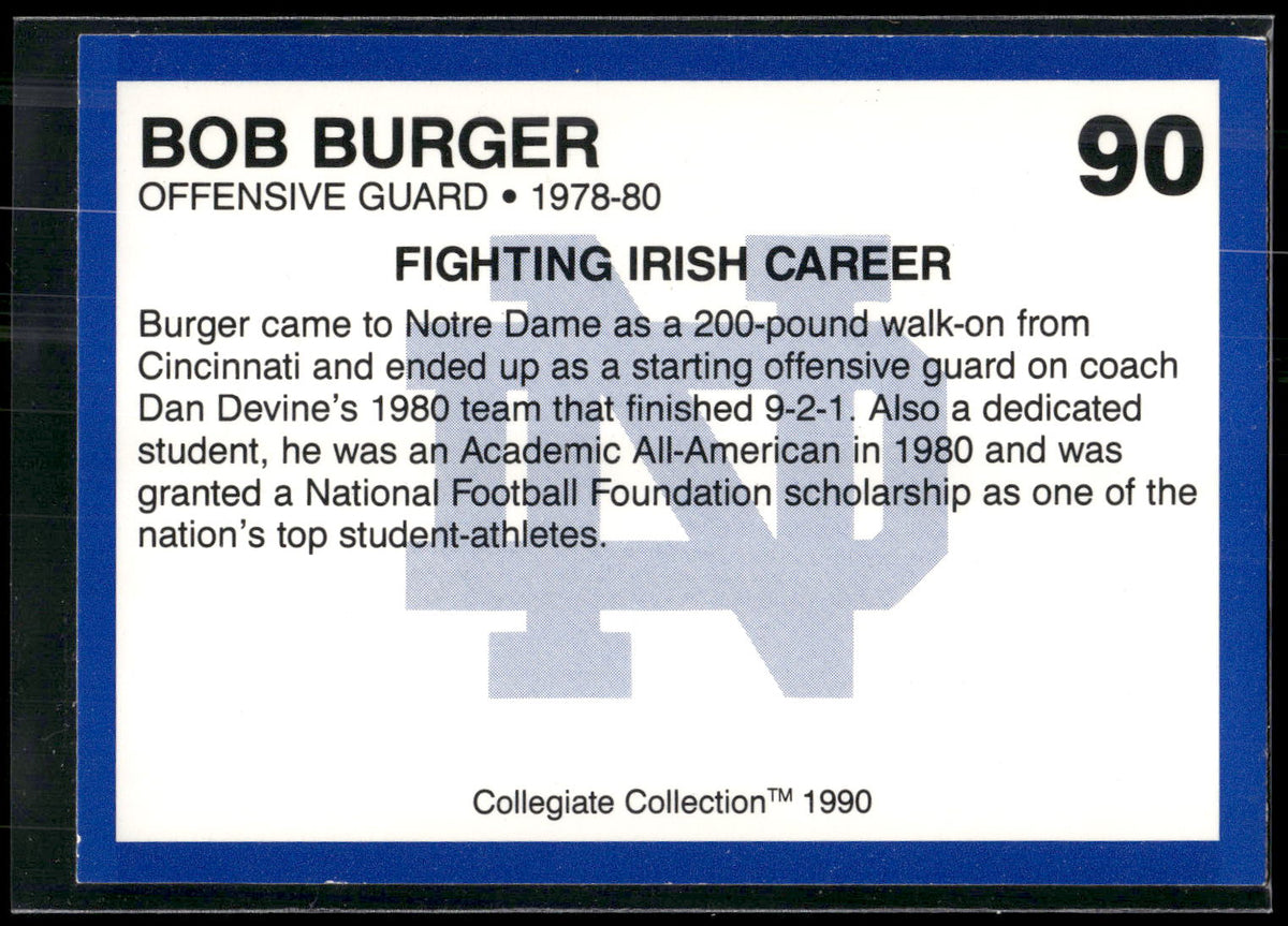 1990 Collegiate Collection Notre Dame #90 Bob Burger