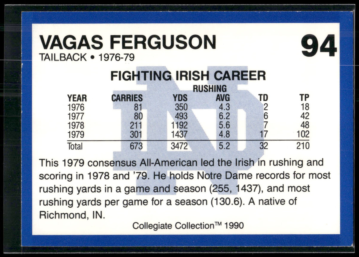 1990 Collegiate Collection Notre Dame #94 Vagas Ferguson