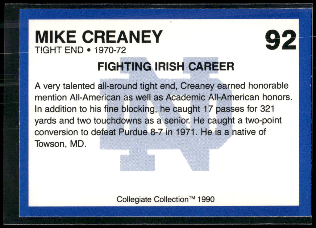 1990 Collegiate Collection Notre Dame #92 Mike Creaney