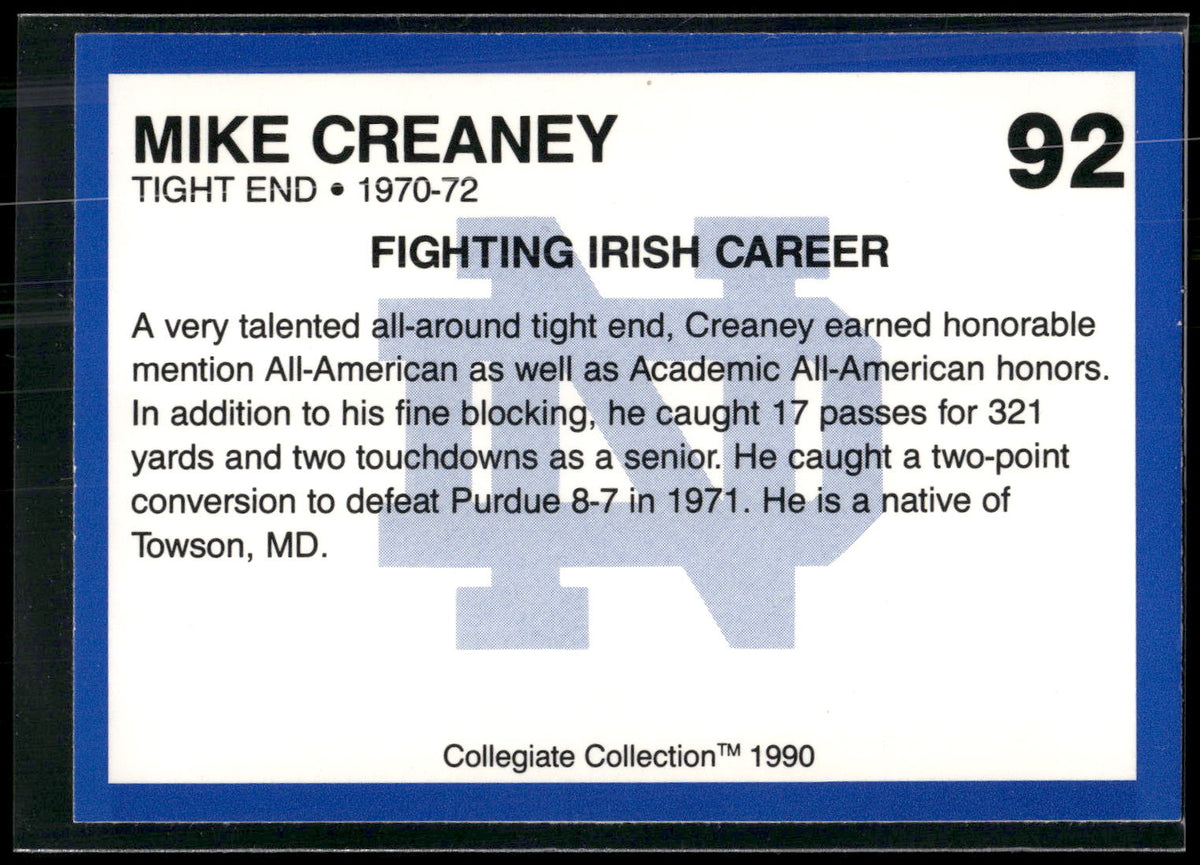 1990 Collegiate Collection Notre Dame #92 Mike Creaney