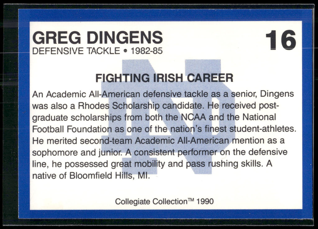 1990 Collegiate Collection Notre Dame #16 Greg Dingens