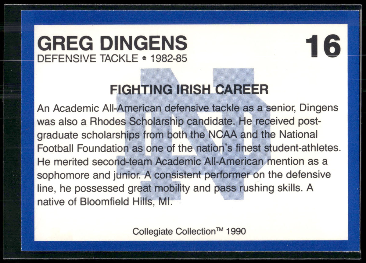 1990 Collegiate Collection Notre Dame #16 Greg Dingens