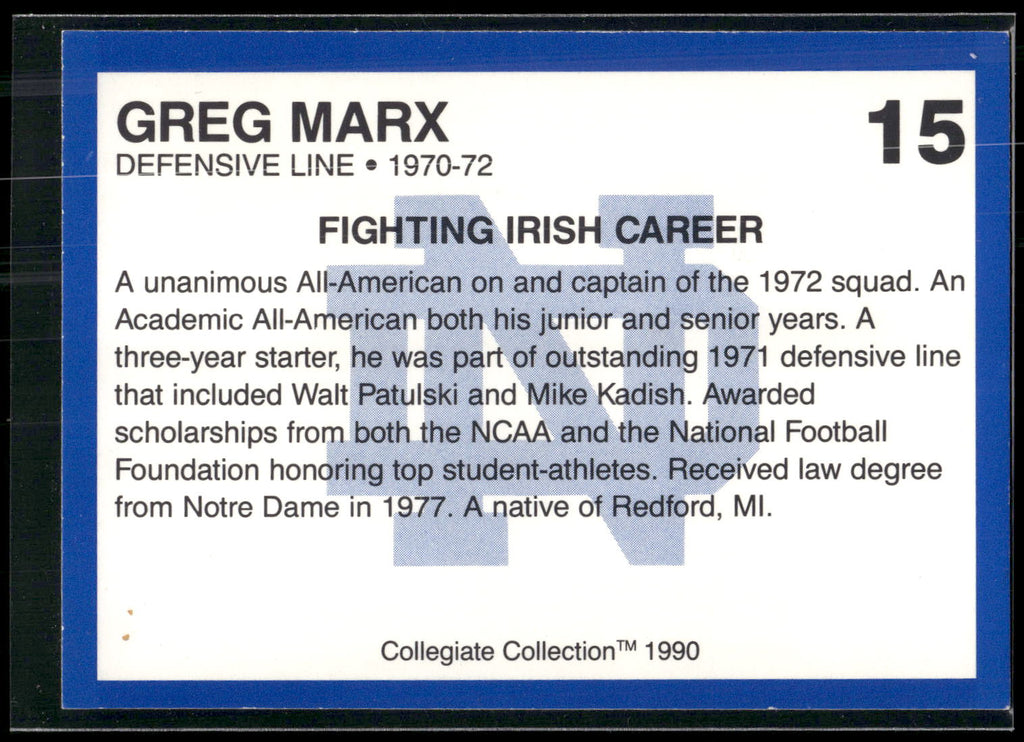 1990 Collegiate Collection Notre Dame #15 Greg Marx