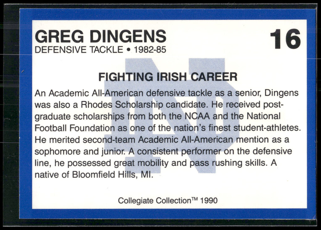 1990 Collegiate Collection Notre Dame #16 Greg Dingens
