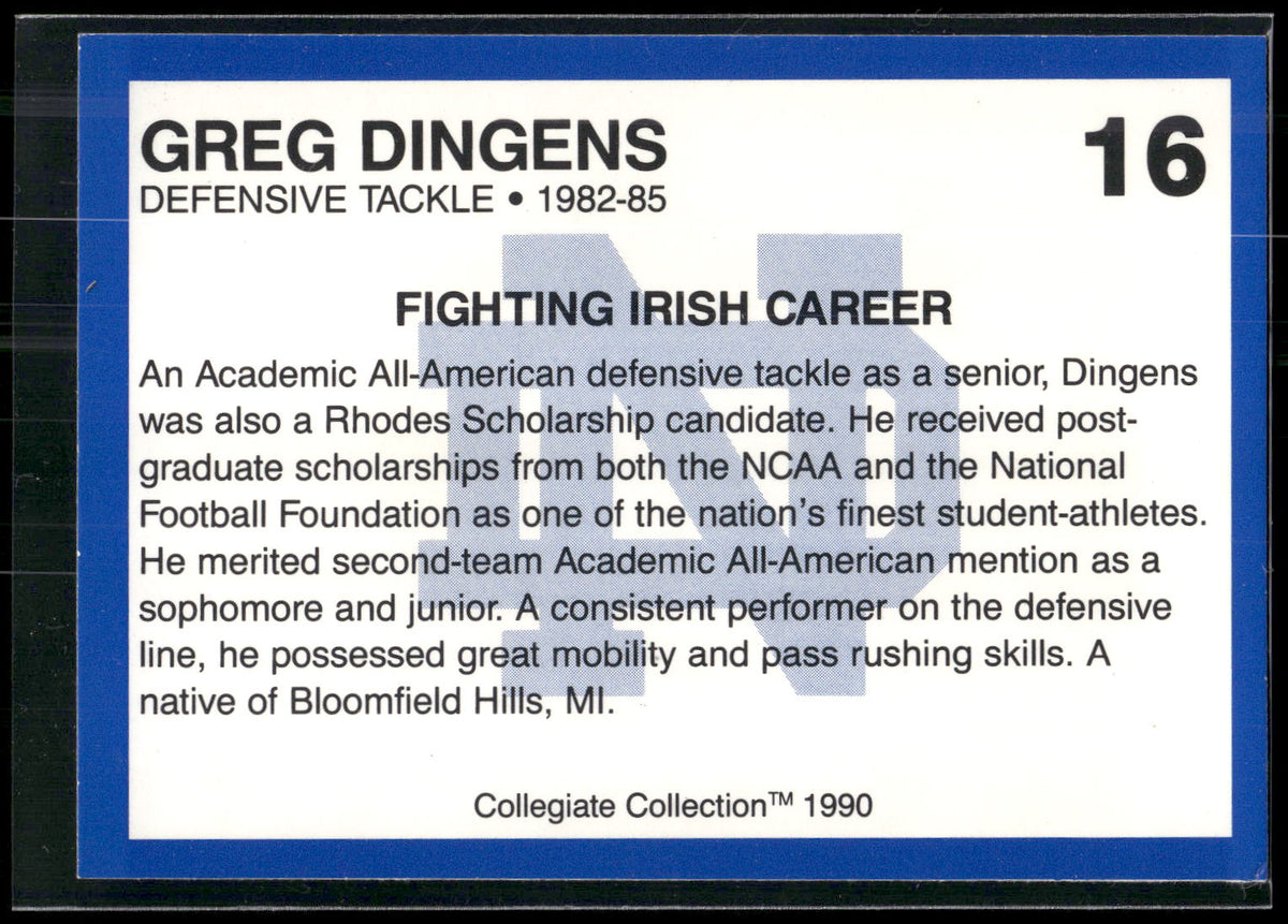 1990 Collegiate Collection Notre Dame #16 Greg Dingens