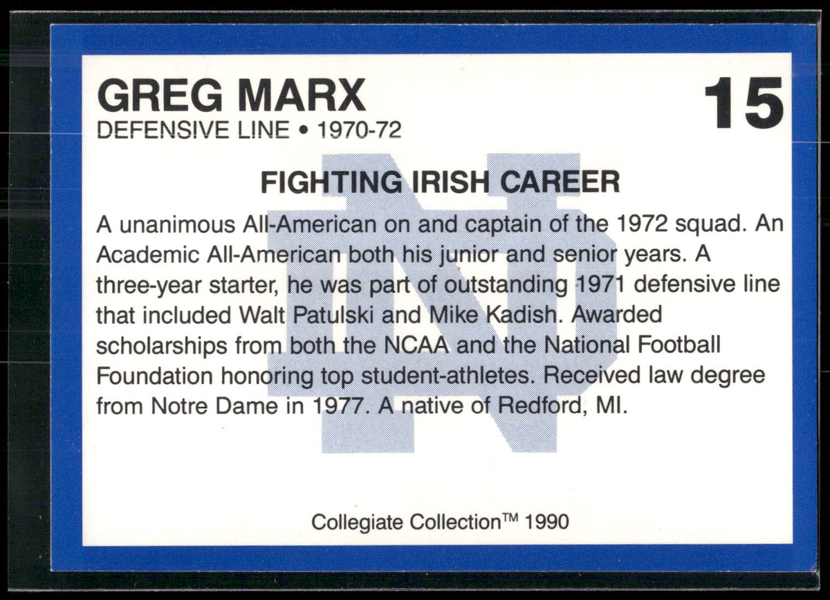 1990 Collegiate Collection Notre Dame #15 Greg Marx