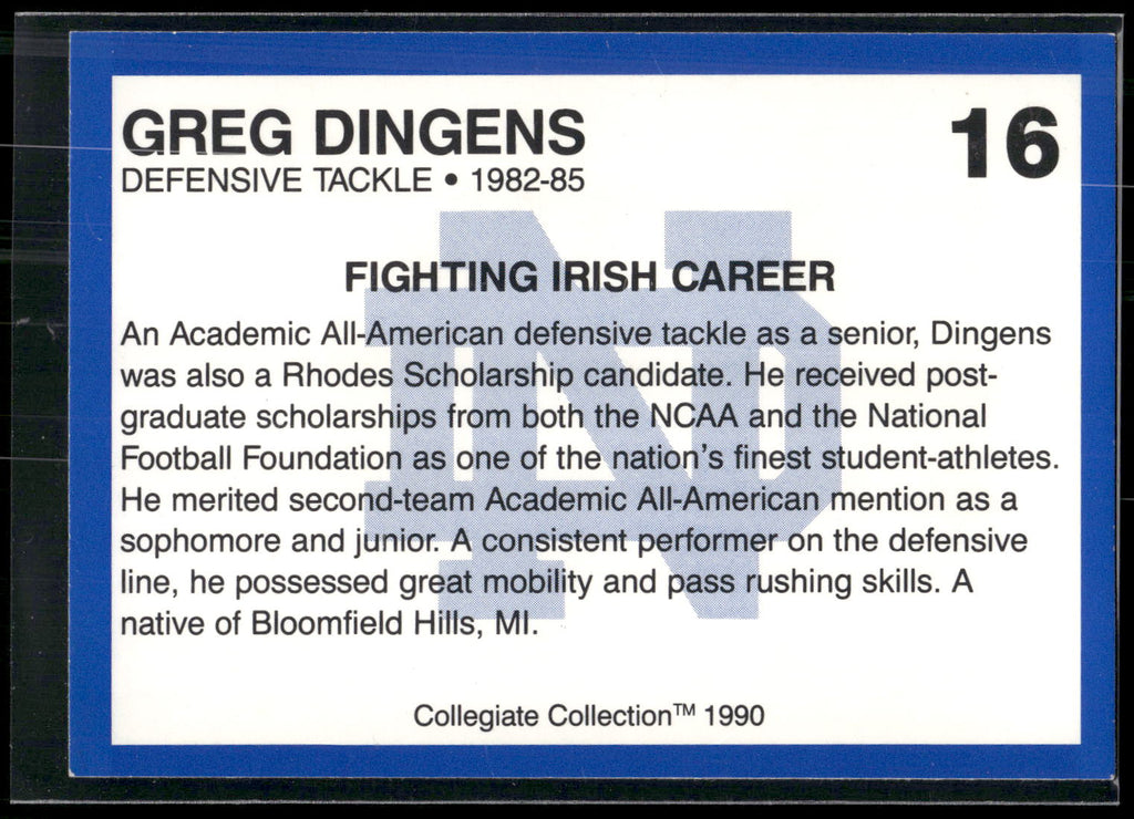 1990 Collegiate Collection Notre Dame #16 Greg Dingens