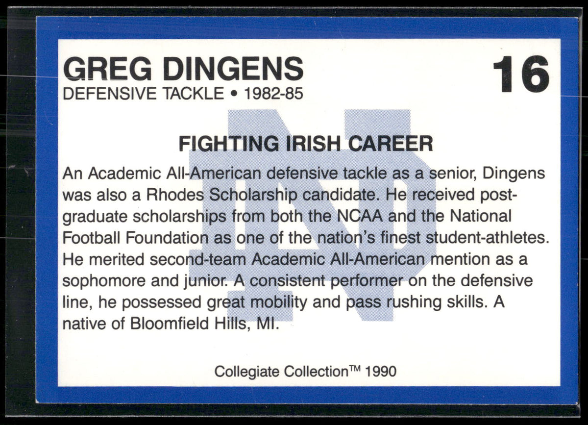 1990 Collegiate Collection Notre Dame #16 Greg Dingens