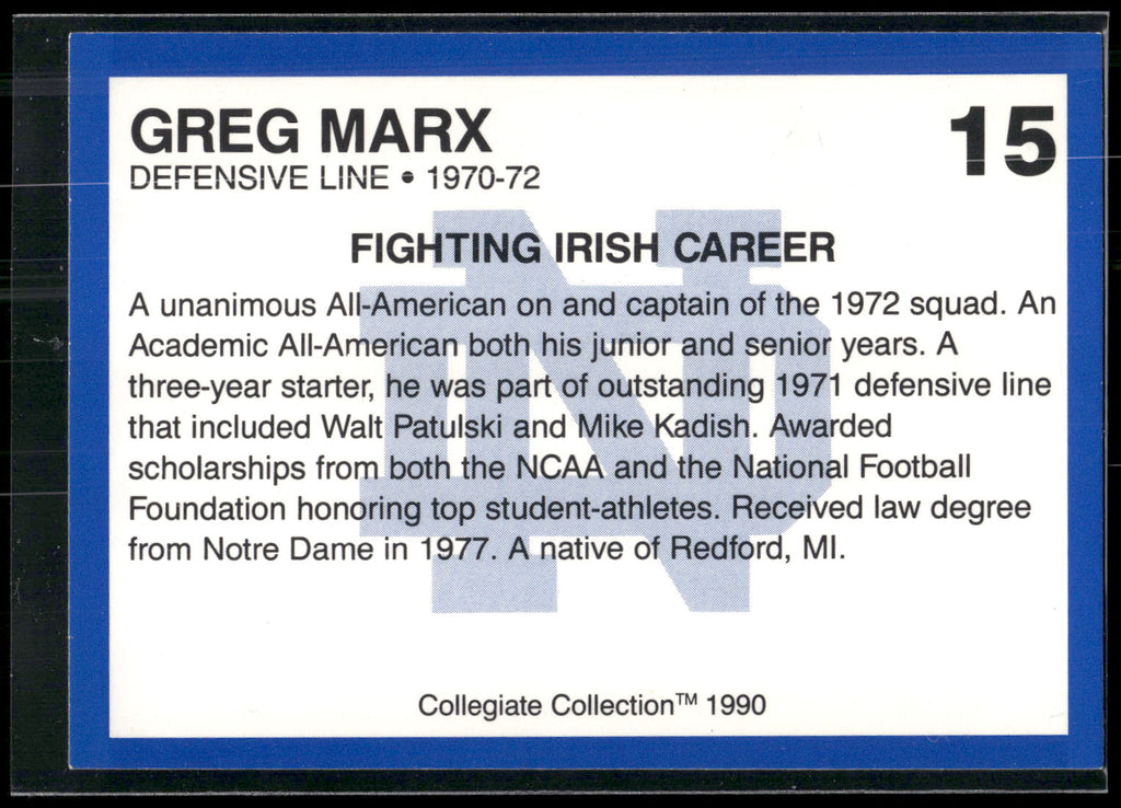1990 Collegiate Collection Notre Dame #15 Greg Marx