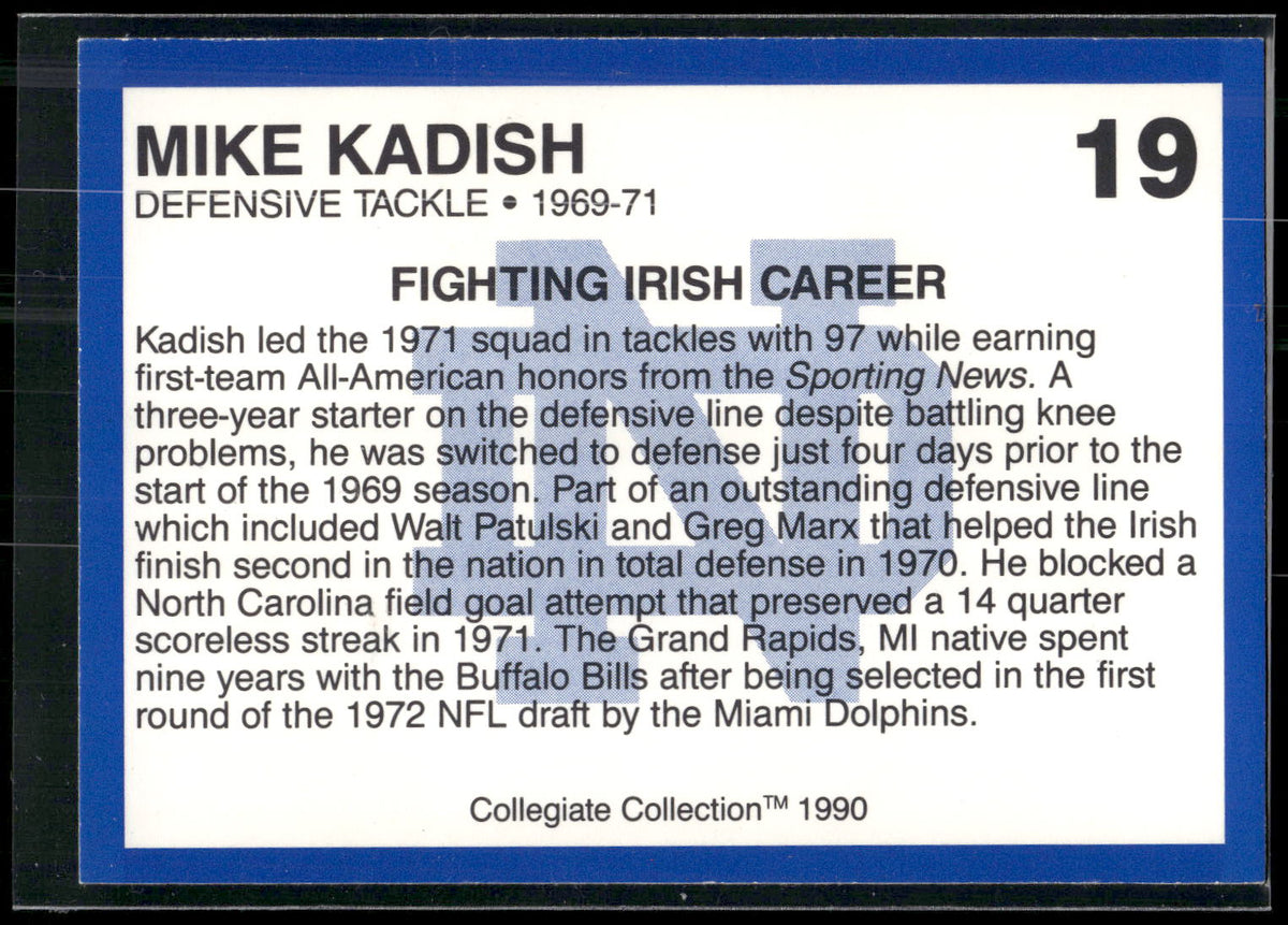 1990 Collegiate Collection Notre Dame #19 Mike Kadish