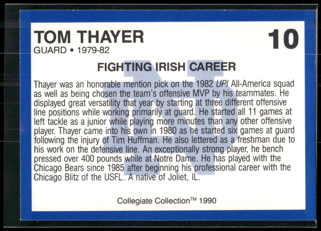 1990 Collegiate Collection Notre Dame #10 Tom Thayer