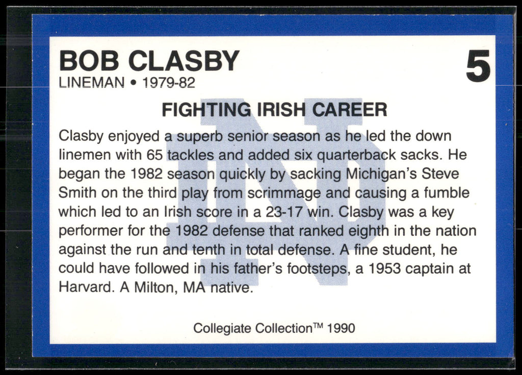 1990 Collegiate Collection Notre Dame #5 Bob Clasby