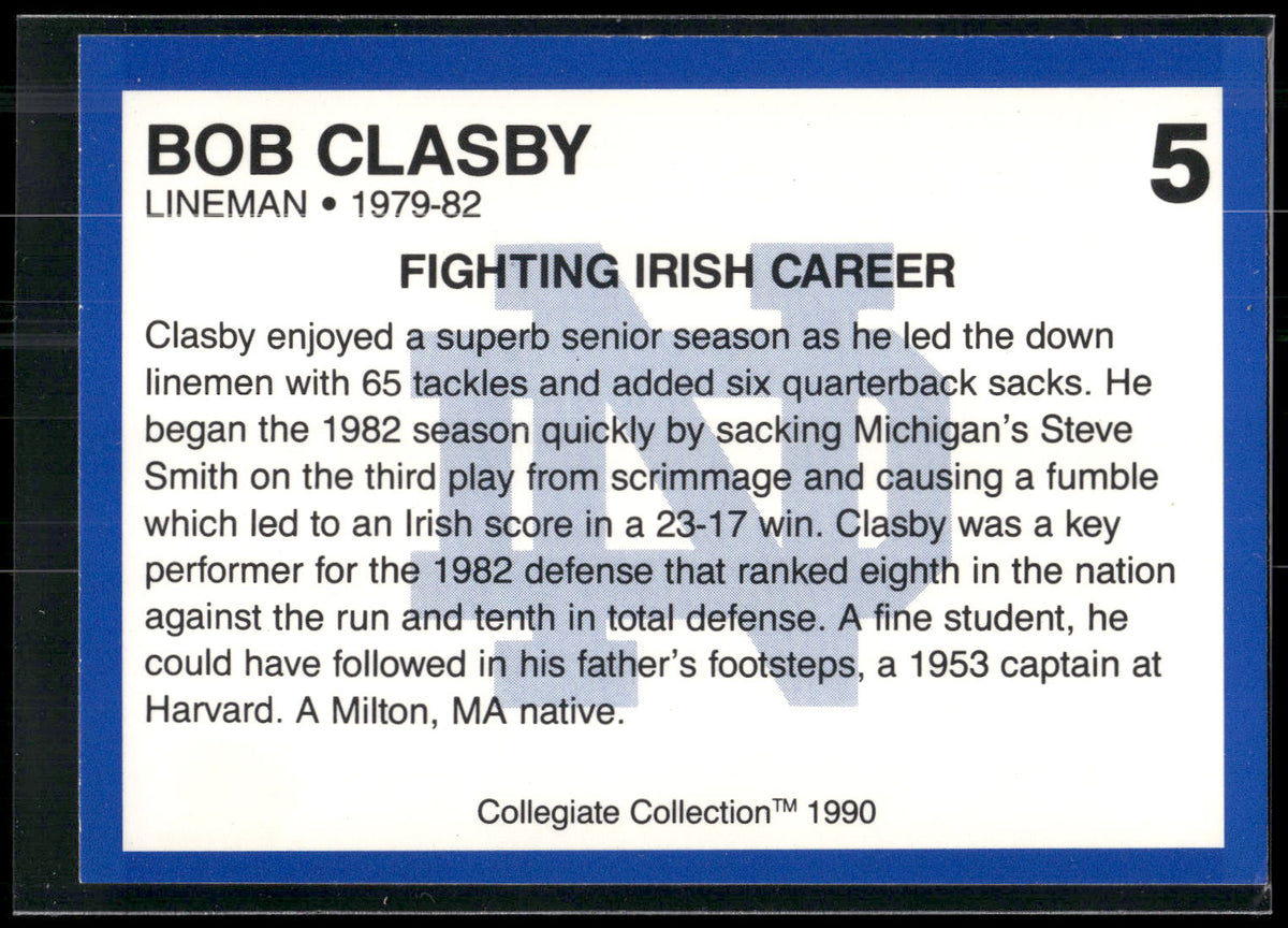 1990 Collegiate Collection Notre Dame #5 Bob Clasby