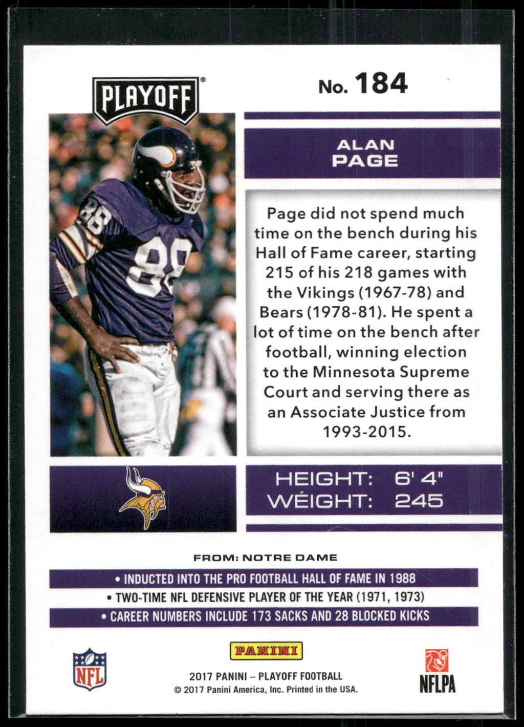 2017 Panini Playoff #184 Alan Page