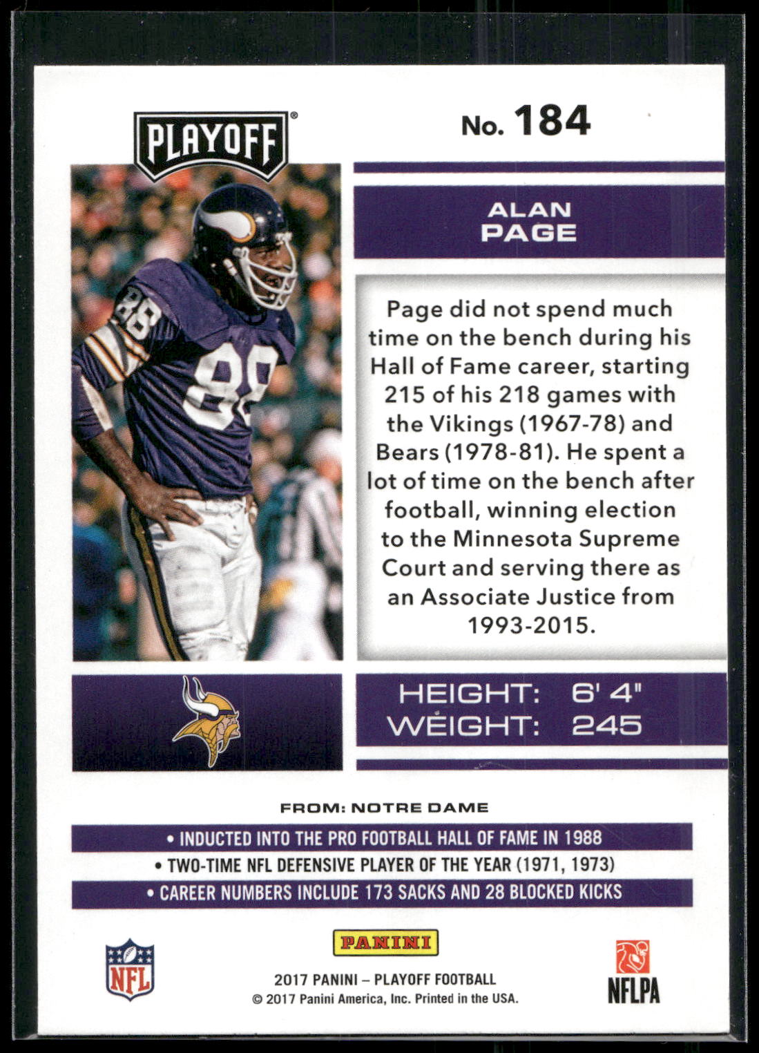 2017 Panini Playoff #184 Alan Page