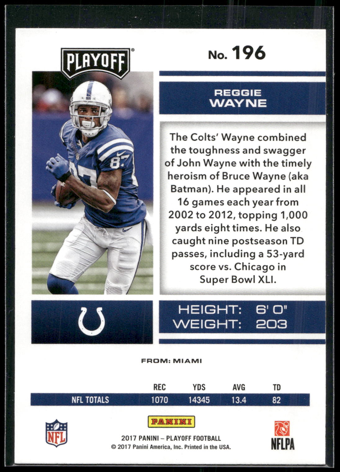2017 Panini Playoff #196 Reggie Wayne