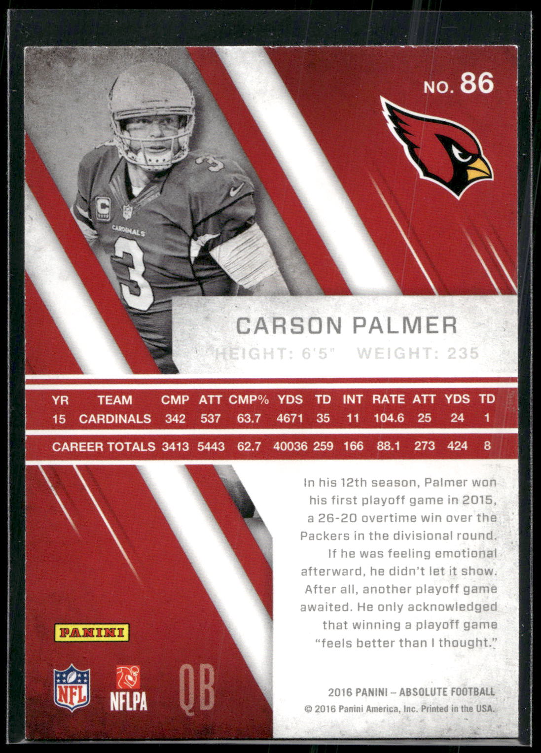2016 Panini Absolute #86 Carson Palmer