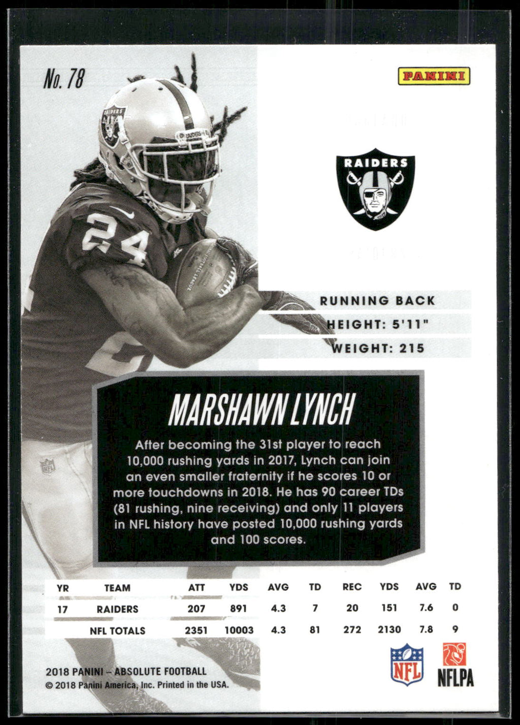 2018 Panini Absolute #78 Marshawn Lynch