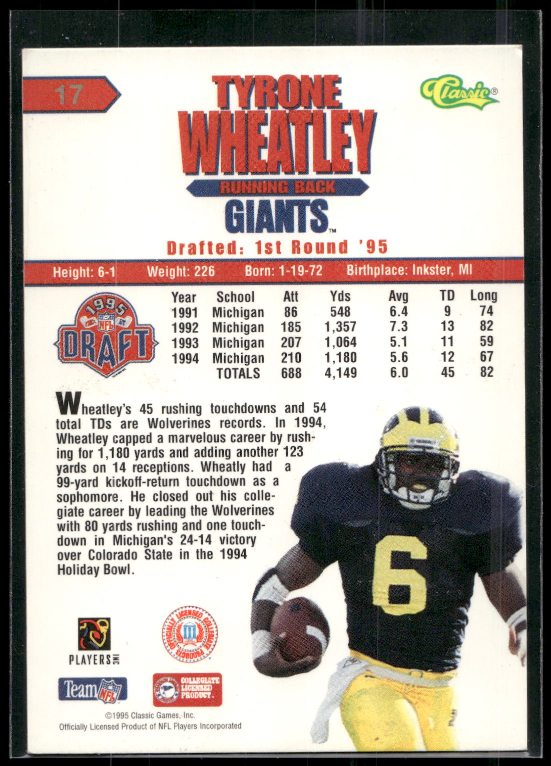 1995 Classic NFL Rookies #17 Tyrone Wheatley
