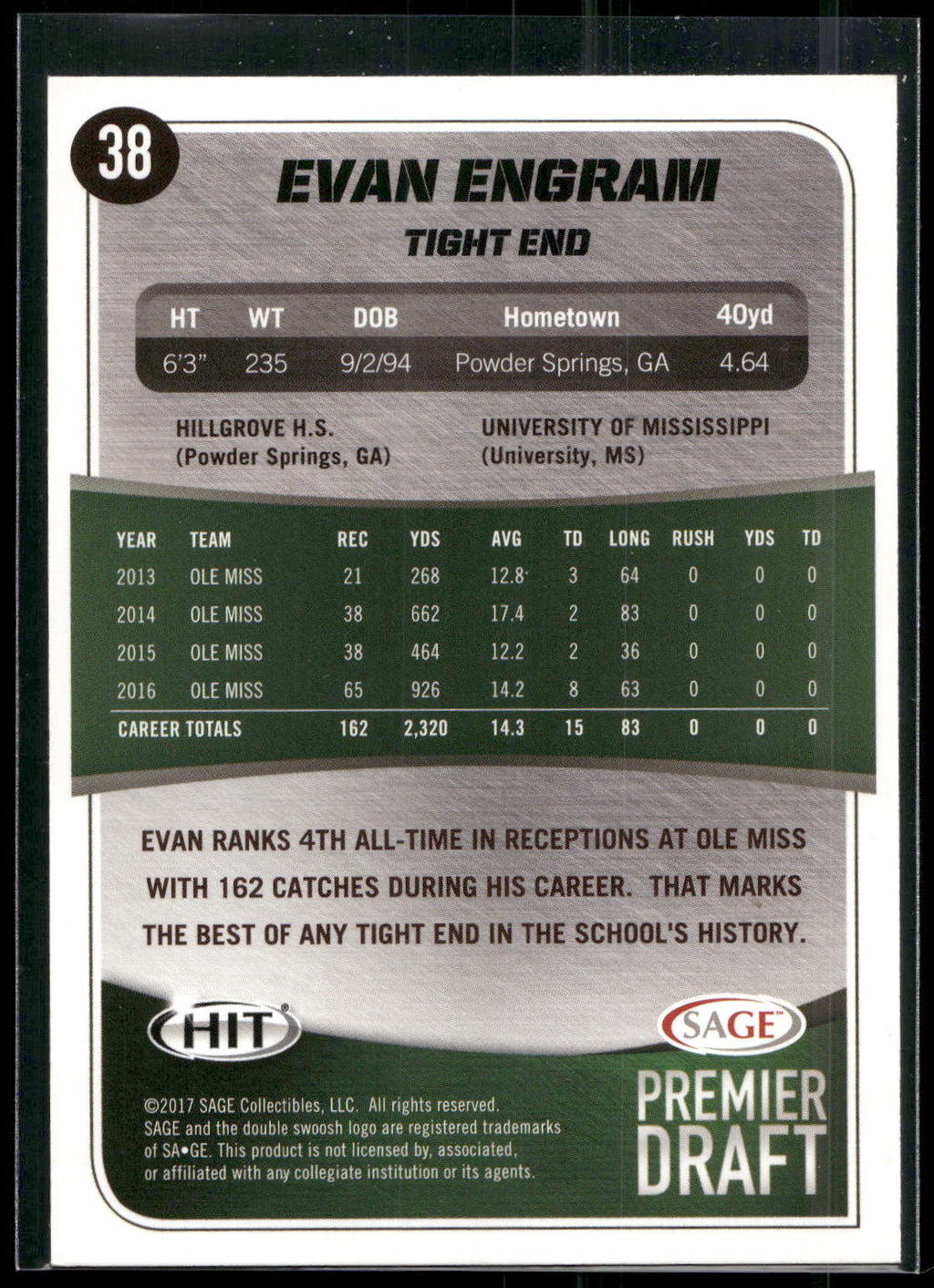 2017 SAGE HIT #38 Evan Engram