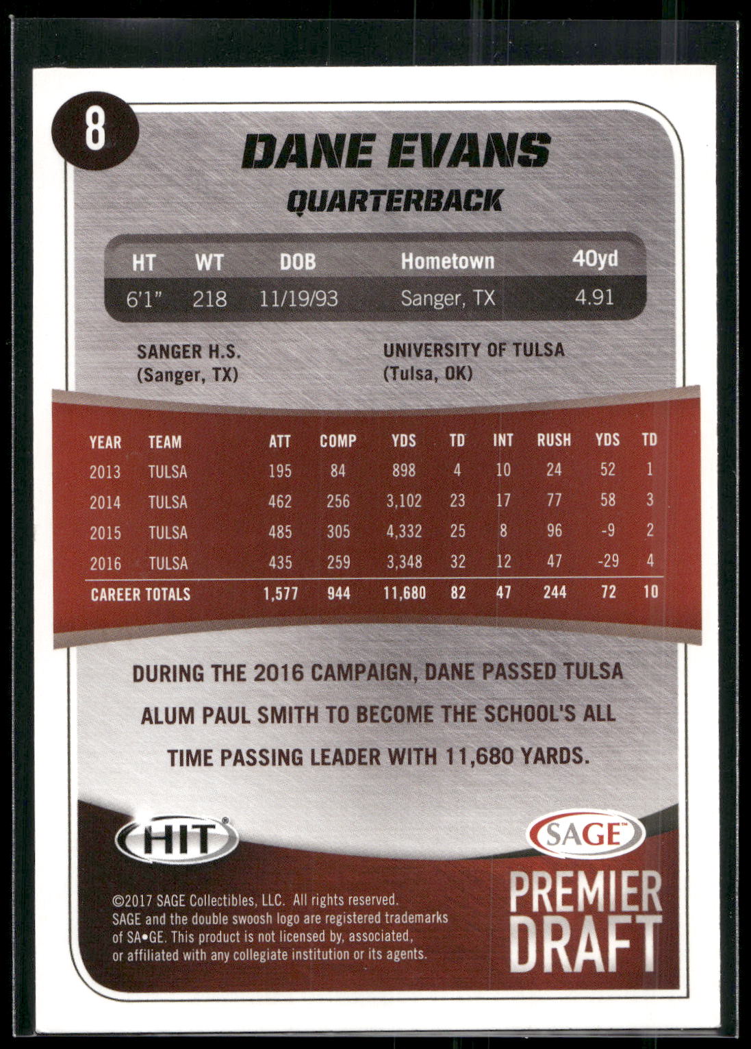 2017 SAGE HIT #8 Dane Evans Silver