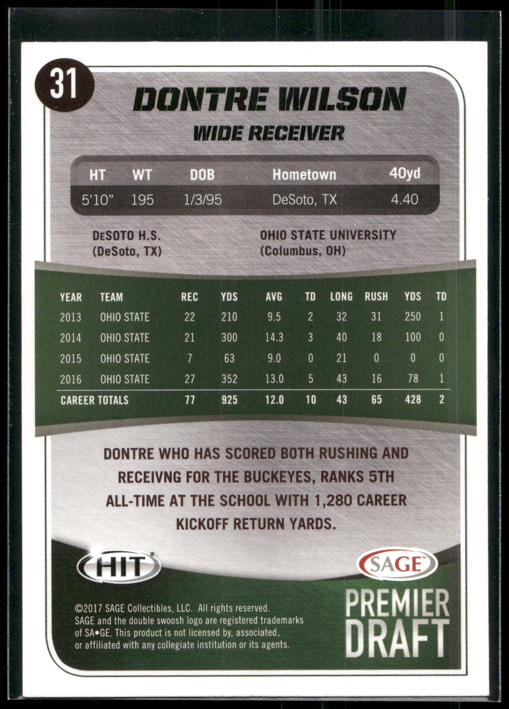 2017 SAGE HIT #31 Dontre Wilson Silver