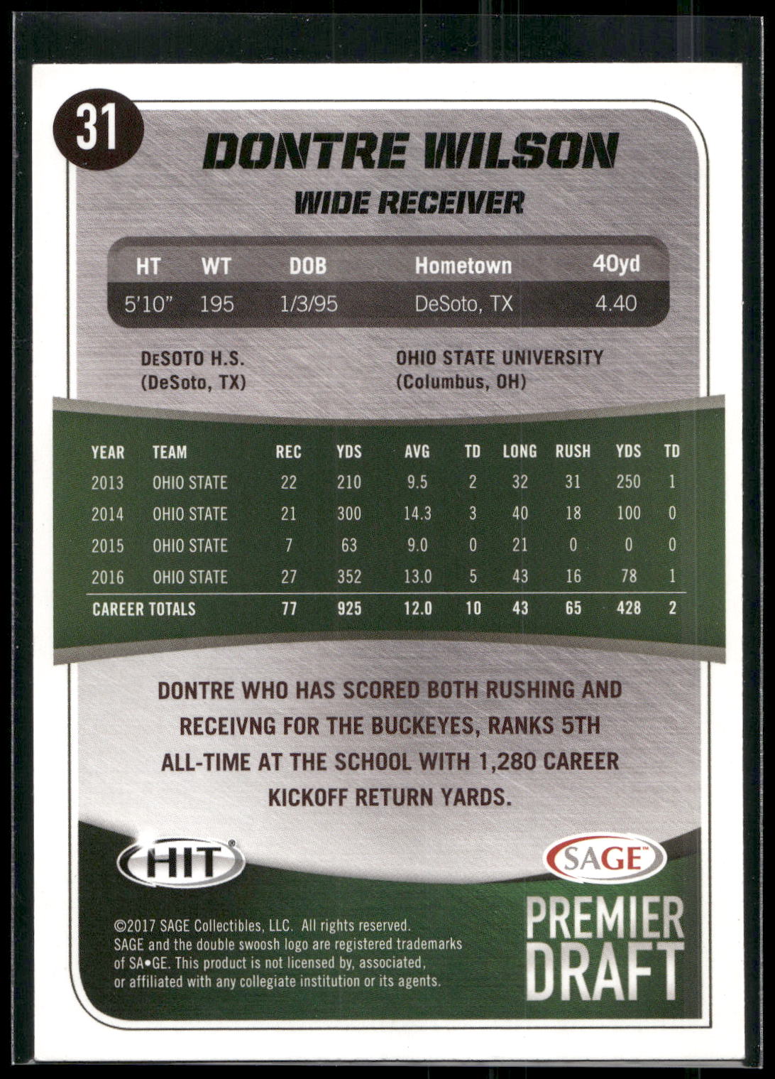 2017 SAGE HIT #31 Dontre Wilson Silver