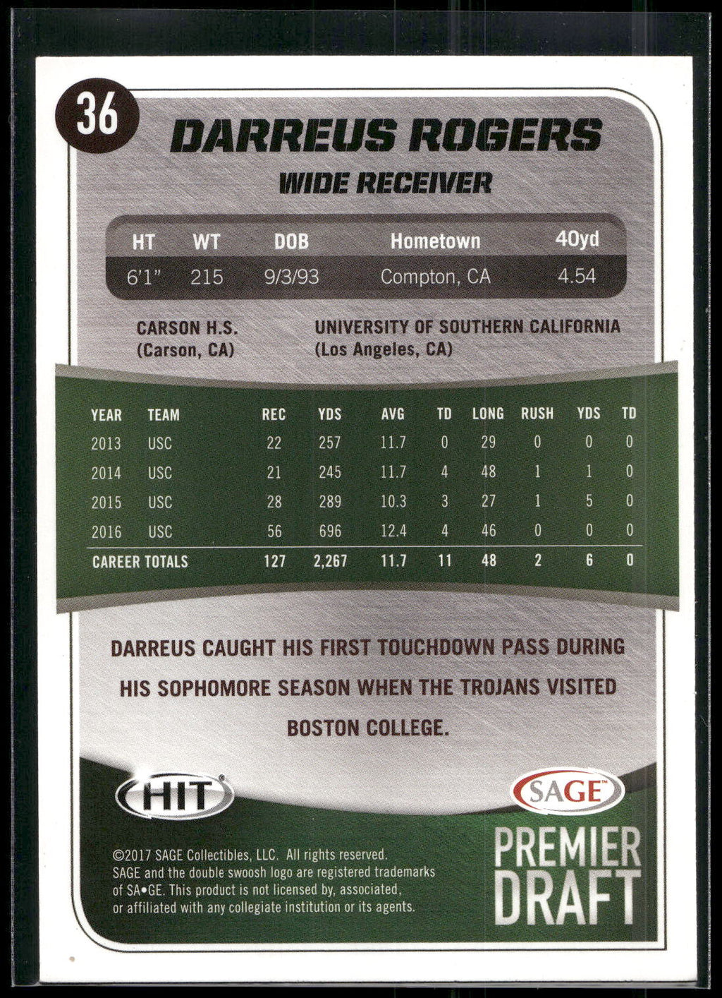2017 SAGE HIT #36 Darreus Rogers Silver