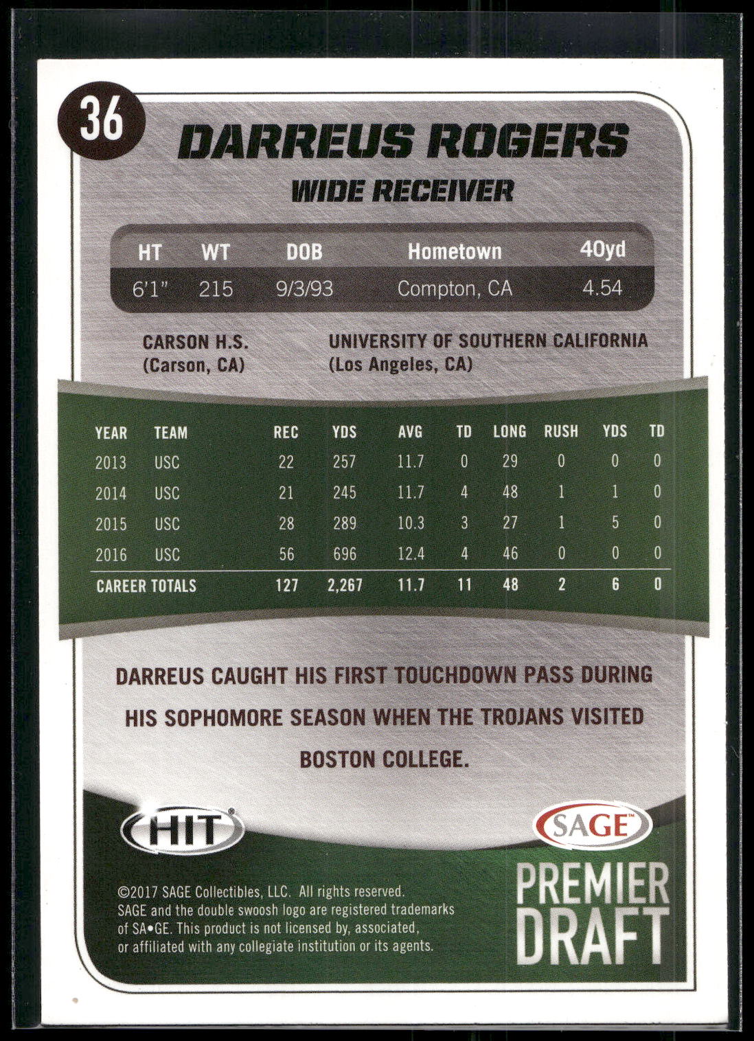 2017 SAGE HIT #36 Darreus Rogers Silver