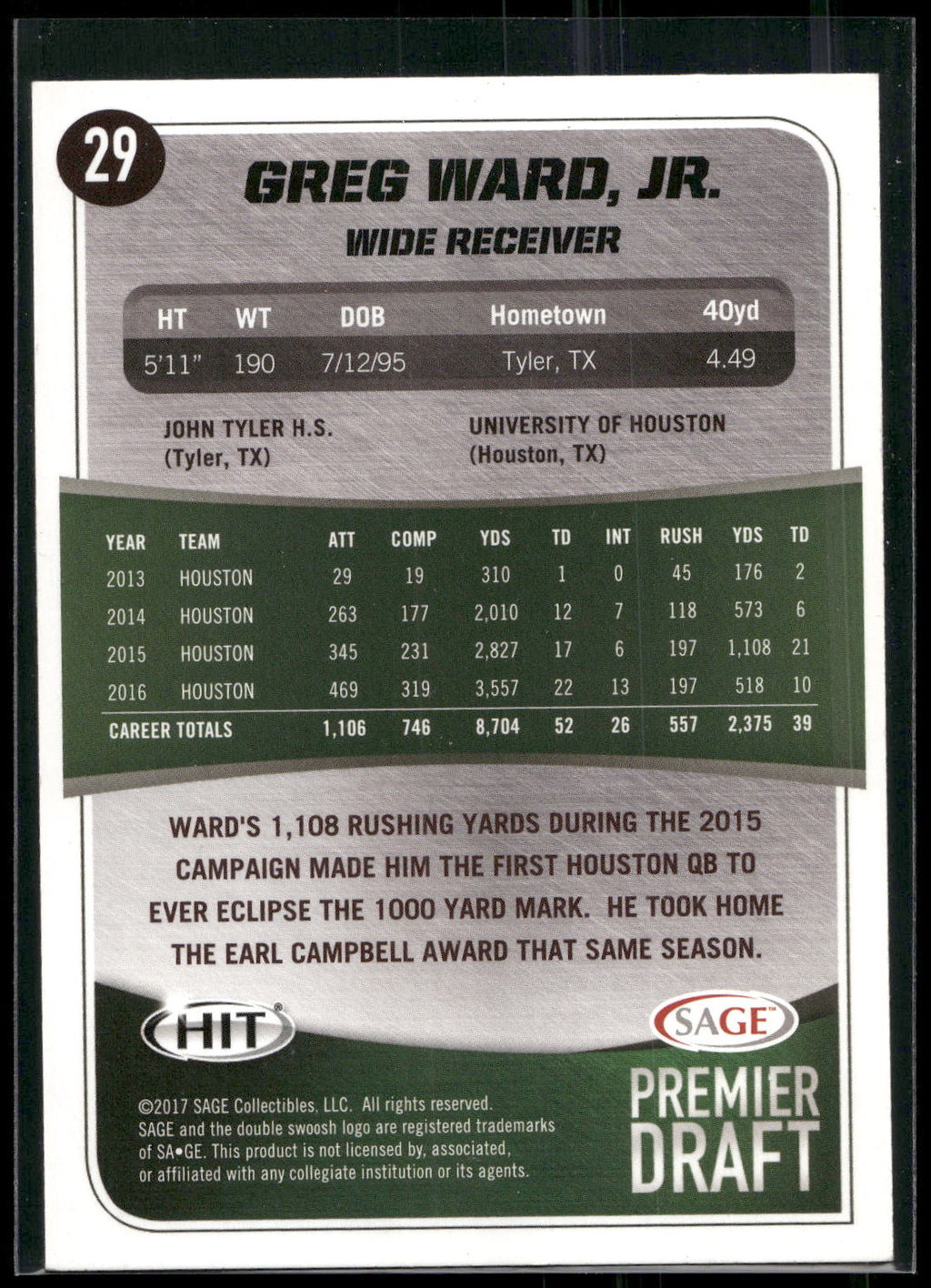 2017 SAGE HIT #29 Greg Ward, Jr. Silver