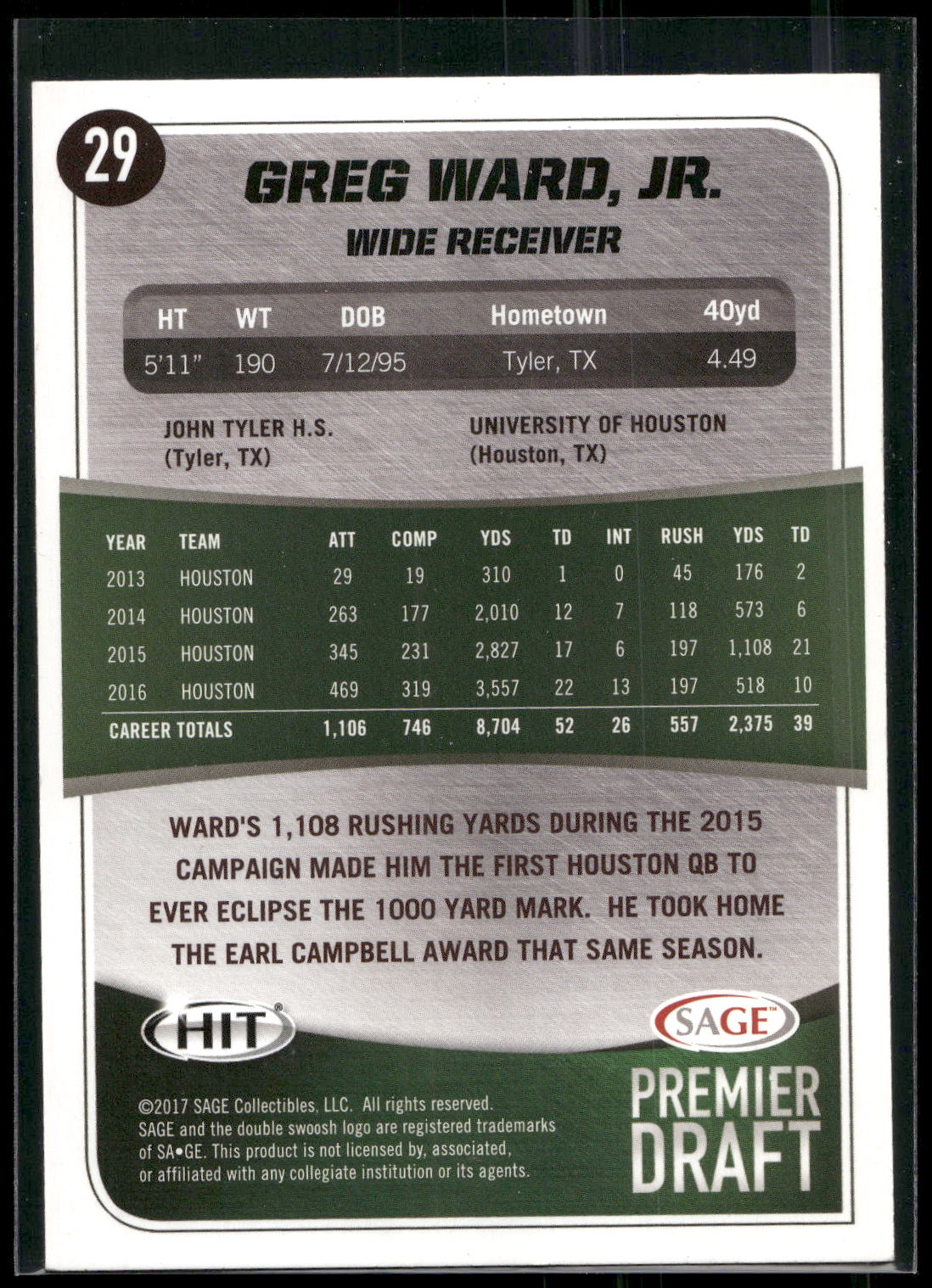 2017 SAGE HIT #29 Greg Ward, Jr. Silver