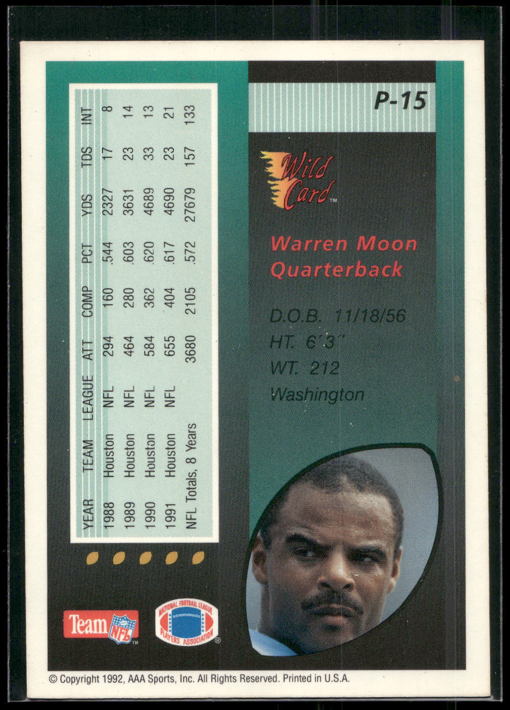 1992 Wild Card #P-15 Warren Moon NFL Prototypes