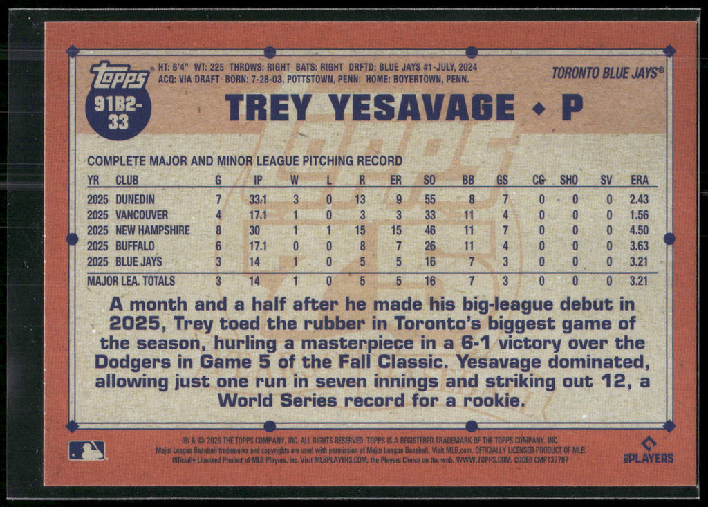 2026 Topps #91B2-33 Trey Yesavage 1991 Topps Baseball 35th