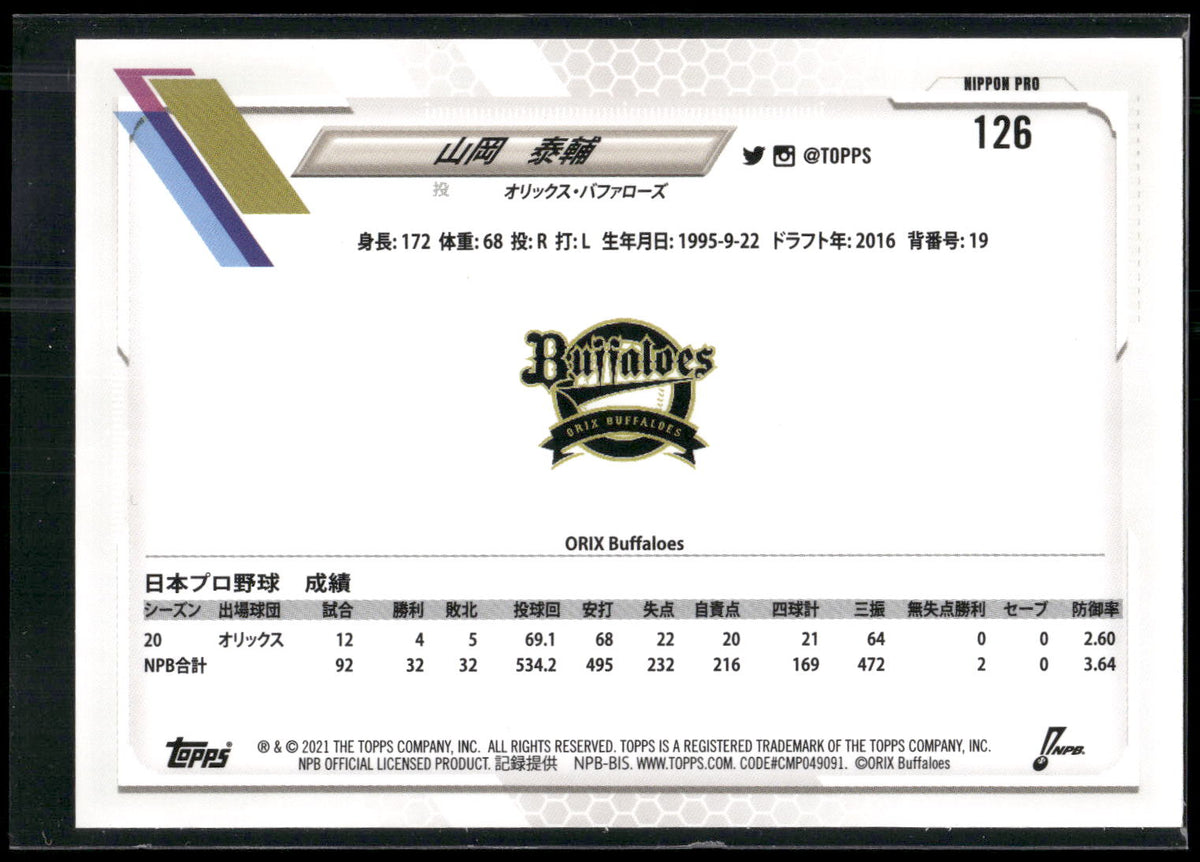 2021 Topps NPB #126 Taisuke Yamaoka