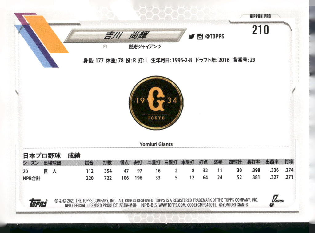 2021 Topps NPB #210 Naoki Yoshikawa
