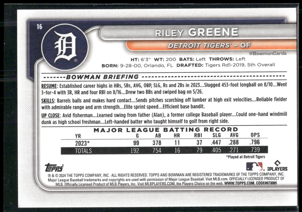 2024 Bowman #16 Riley Greene