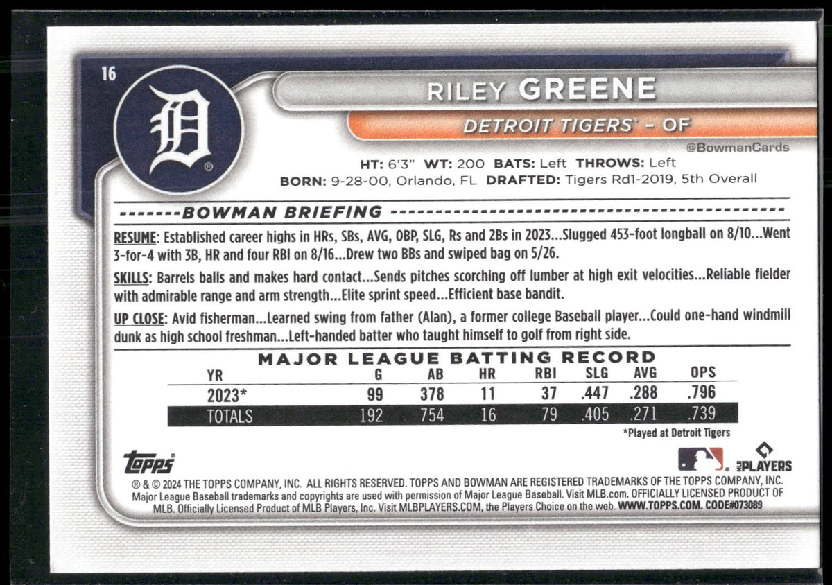 2024 Bowman #16 Riley Greene