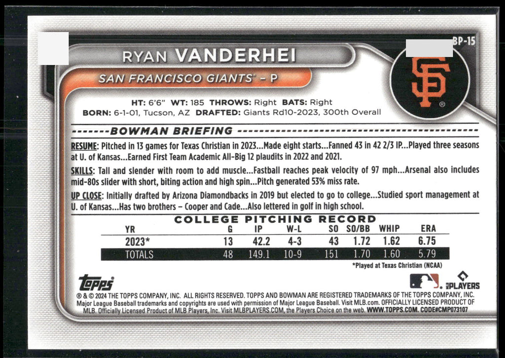 2024 Bowman #BP-15 Ryan Vanderhei Prospects