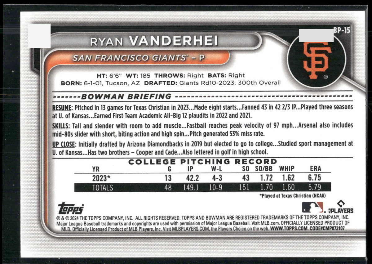 2024 Bowman #BP-15 Ryan Vanderhei Prospects